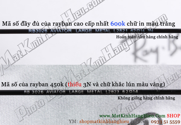 so sánh mã số trên chân gọng RAYBAN hàng fake 1 và fake 2