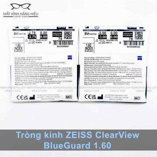 Tròng kính Zeiss ClearView 1.60 BlueGuard - Lọc Ánh Sáng Xanh FreeForm