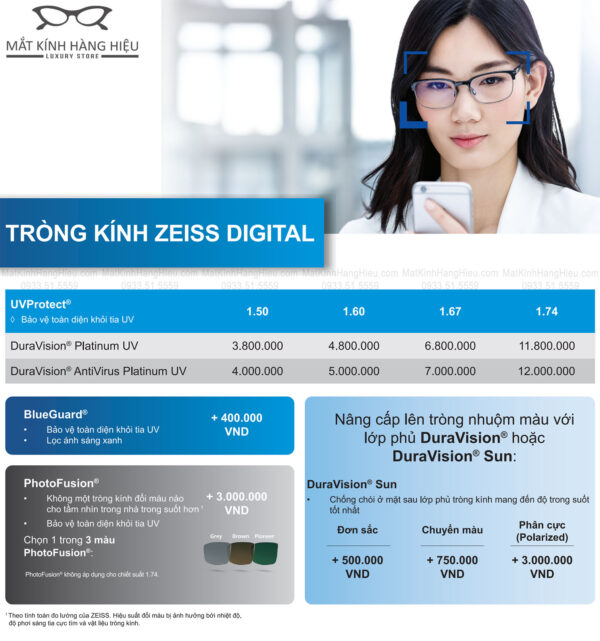 Bảng Giá Tròng kính Zeiss Digital Giảm Mỏi Mắt